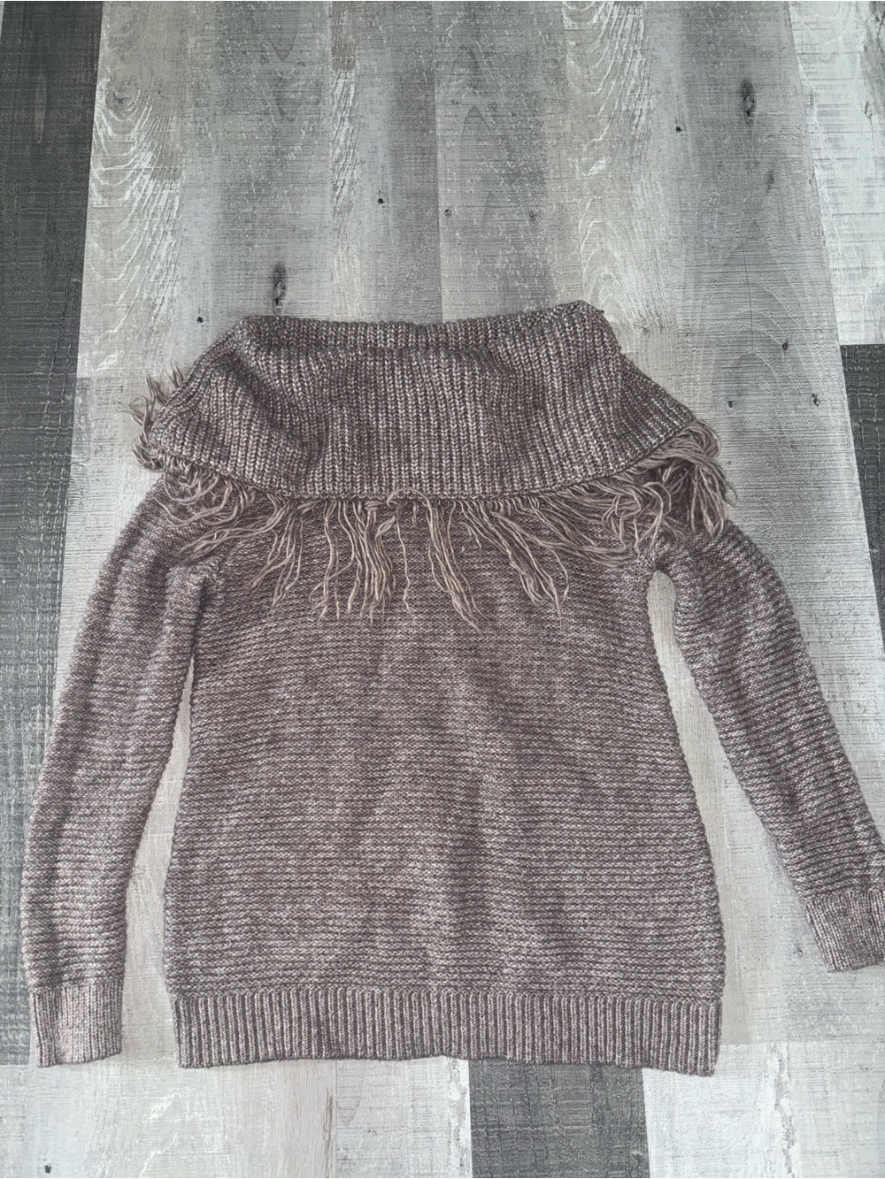🍇Maurices Taupe Fringe Off-Shoulder Knit Sweater